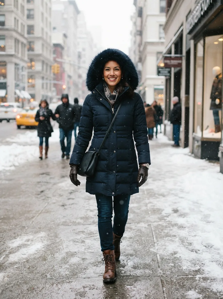 A stylish woman confidently wearing a Dereon coat outdoors in a winter setting.