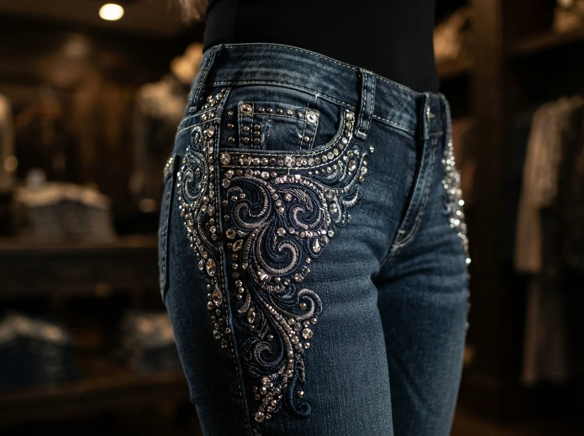 A detailed close-up of the Dereon Rhinestone Straight Leg Jeans, showcasing the sparkle of the rhinestones and the texture of the embroidery.
