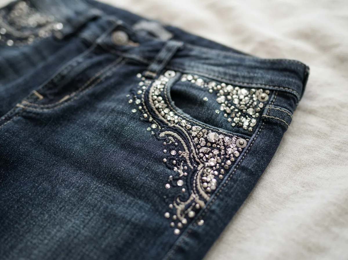 Detail shot of the Dereon Rhinestone Straight Leg Jeans, focusing on the rhinestone and embroidery embellishments on the front pockets.