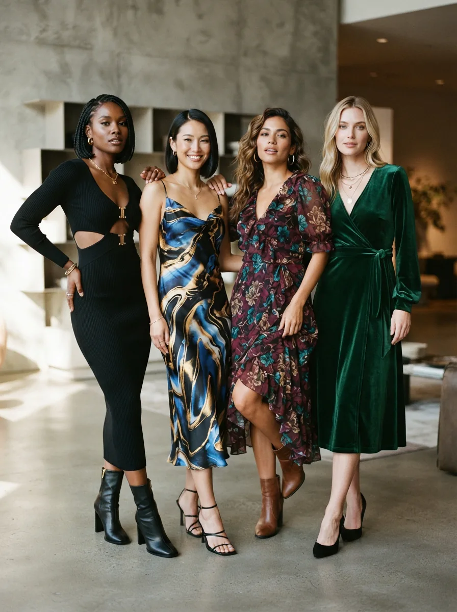 Stylish collection of Dereon dresses displayed together
