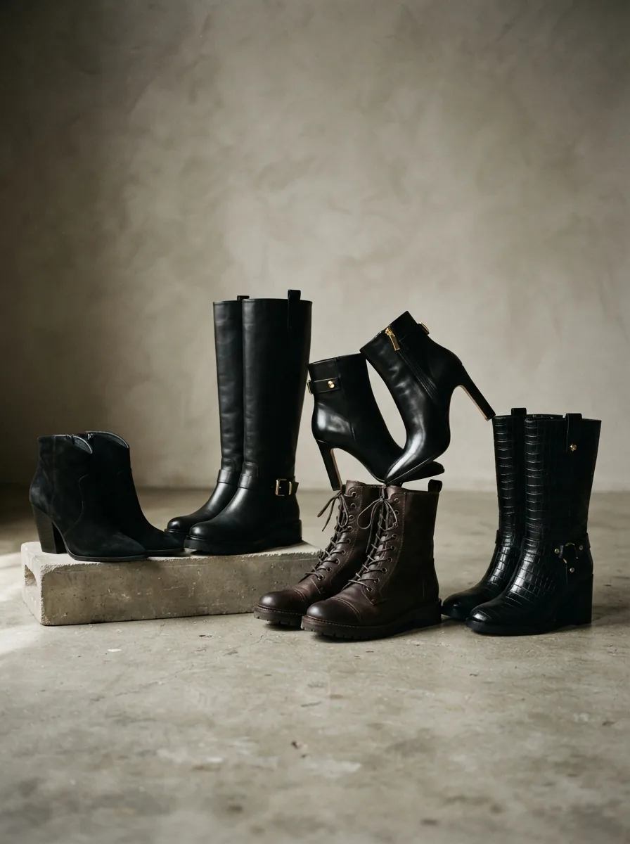A stylish arrangement of various Dereon boots against a modern, neutral backdrop.